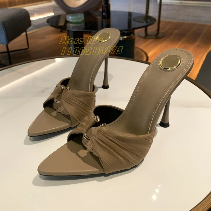

Pleated Metal Buckle Slippers Stiletto Thin High Heels Sexy Pointy Toe Runway 2026 Summer Women Dress Shoes Beige Purple