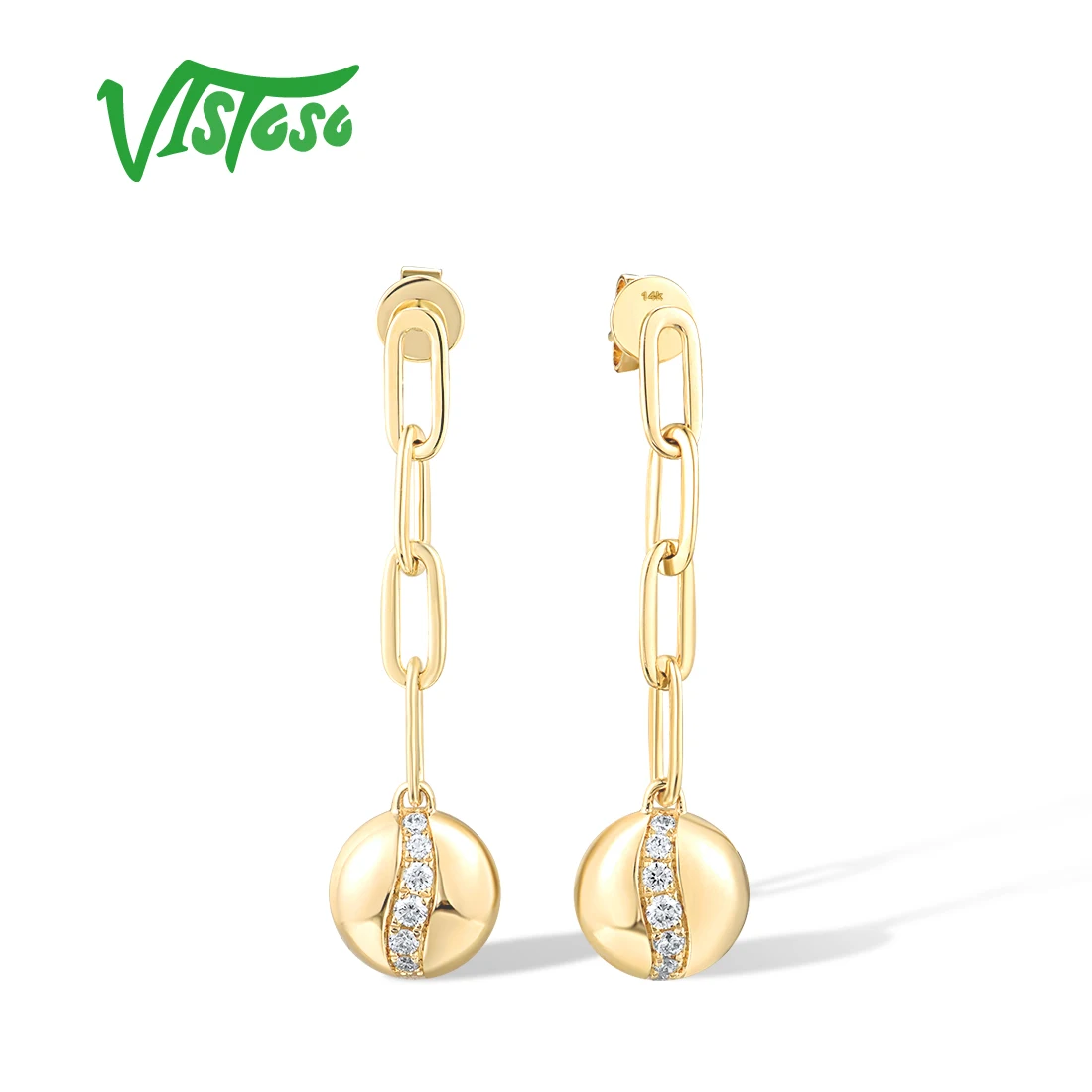 VISTOSO Pure 14K 585 Yellow Gold Stud Earrings For Women Sparkling Diamond Circel Links Trendy Wedding Anniversary Fine Jewelry