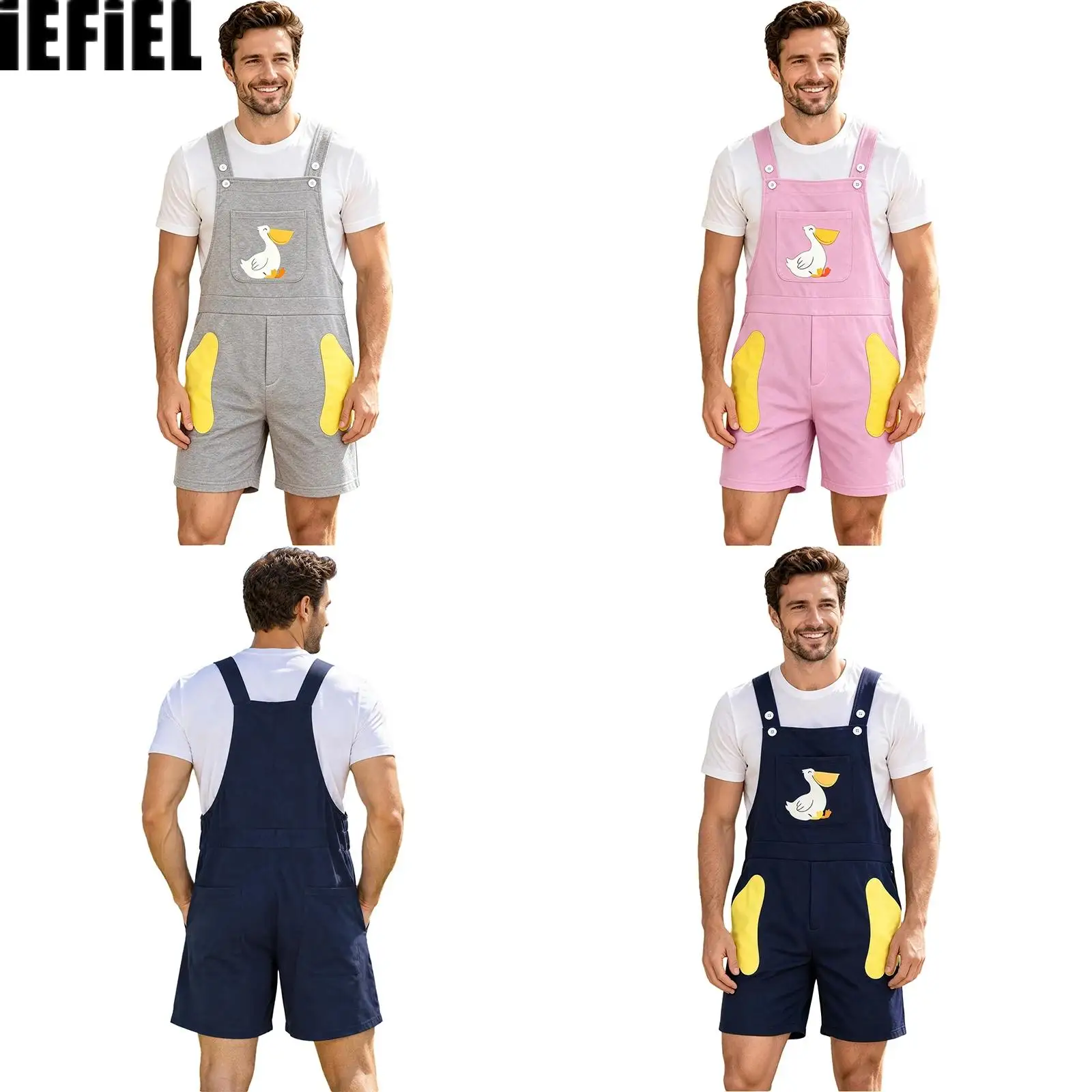 Men Duck Print Overalls Adjustable Straps Shorts with Pockets for Casual Daily Life Party Theme Event Family Gathering