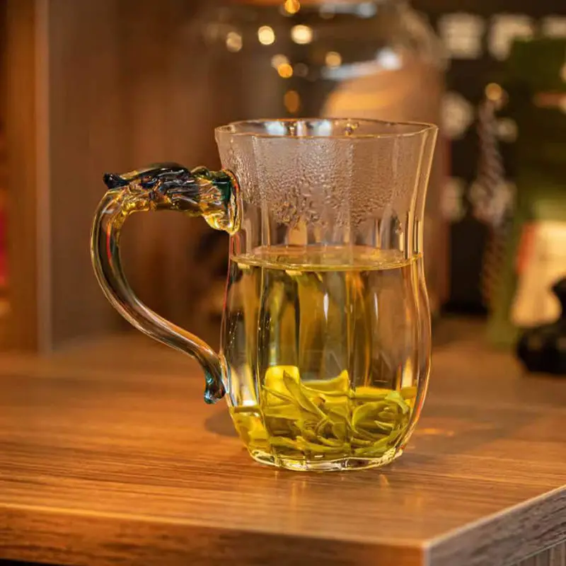 Heat Resistant Glass Green Tea Cups Household High Appearance Level Handwork Transparent Flower Tea Cup with Anti-scald Handle