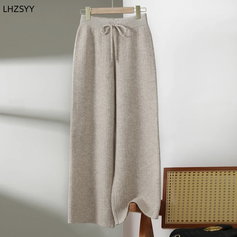 LHZSYY 100%Pure Cashmere Wide-Leg Pants Ladies New Pit Knitted Straight Pants Long Thick Casual Pants High Waist High-End Winter