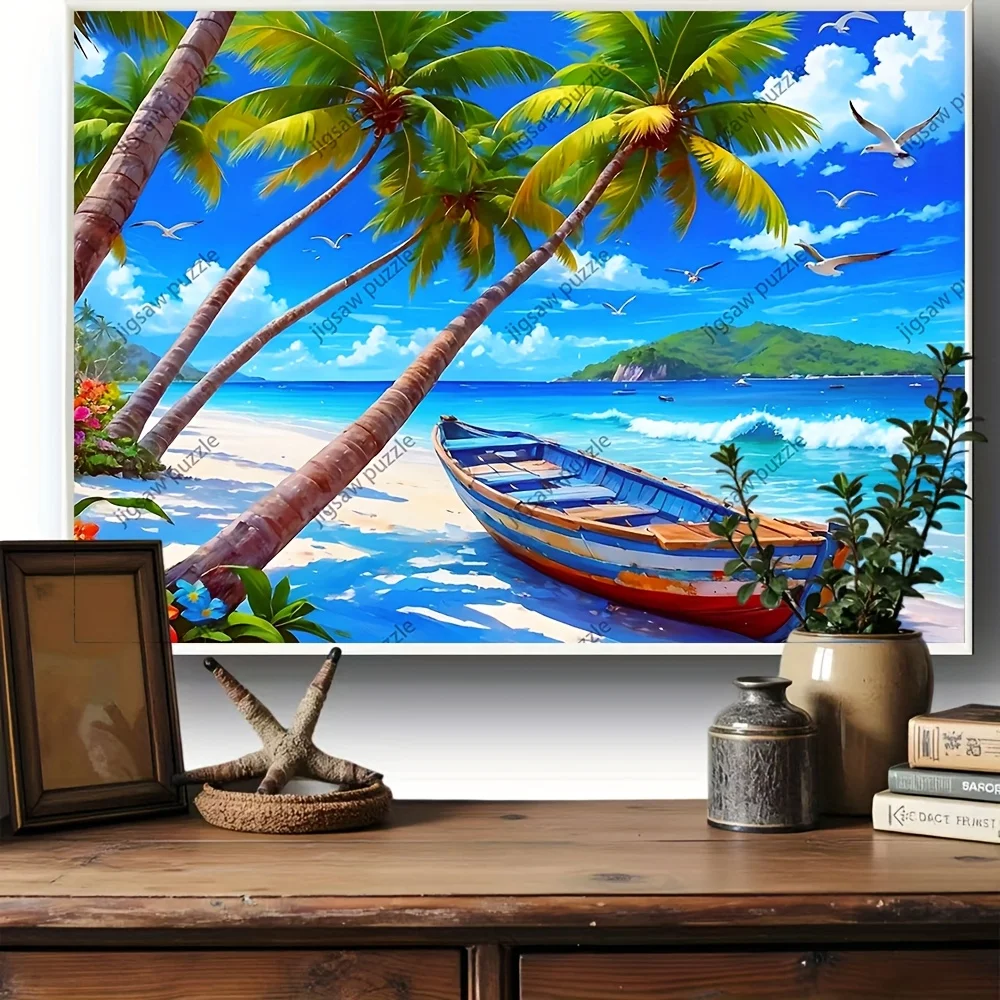 2000/1500/1000/500 قطعة أحجية الصور المقطوعة الخشبية للشاطئ الاستوائي للبالغين - أشجار النخيل النابضة بالحياة والقارب ومشهد المحيط، خشب ممتاز