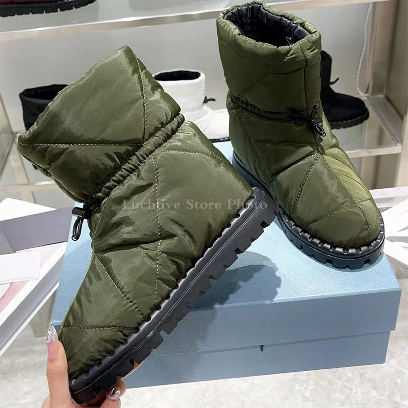 Down-filled Thicken Flat Ankle Boots Women Round toe Elastic band Slip on Warm Snow Boots 2022 Winter Luxury Brand Shoes Mujer