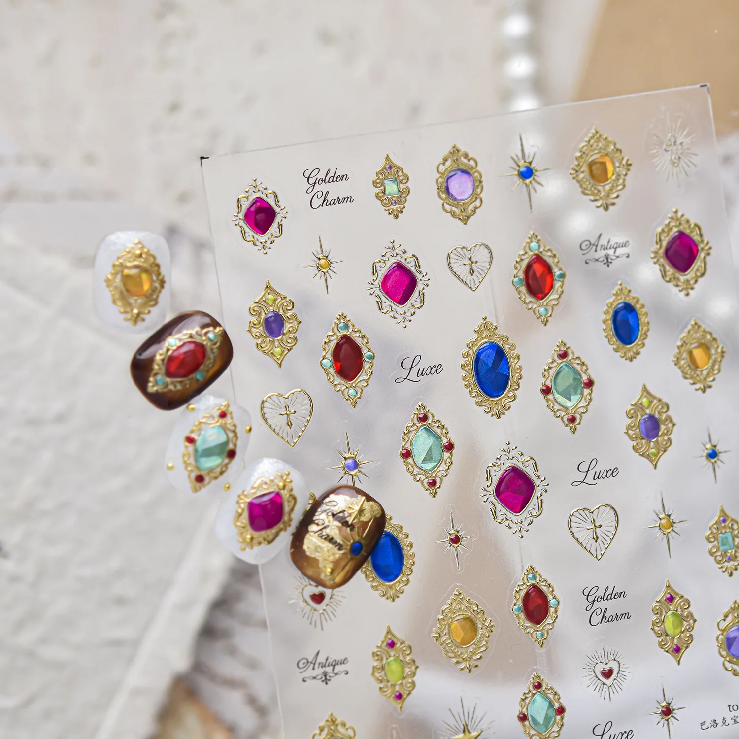 Sweet Macaron 5D Nail Stickers Crystal Dream Gem Stone Gold Rim Faux Gem Oval Irregular Shape Self‑Adhesive Nail Decal Manicure