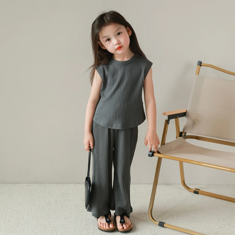 Girls Sleeveless Shirt And Trousers Suits Girls Fashion Two-piece Set Girls Chic Suits