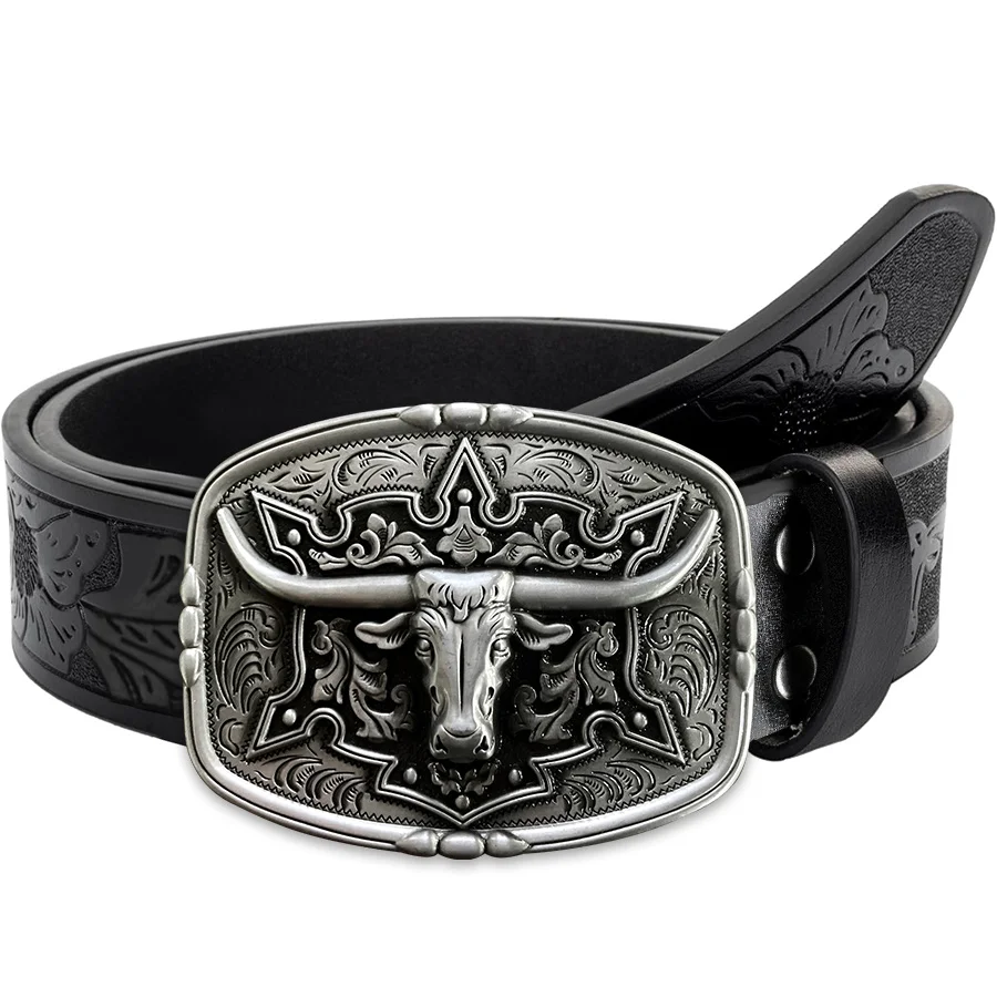 Cinturón de hombre estilo pareja de vaquero occidental - Patrón irregular Tallado Flor Cuerno largo Cabeza de vaca Hebilla suave Cinturón de mujer - Countr