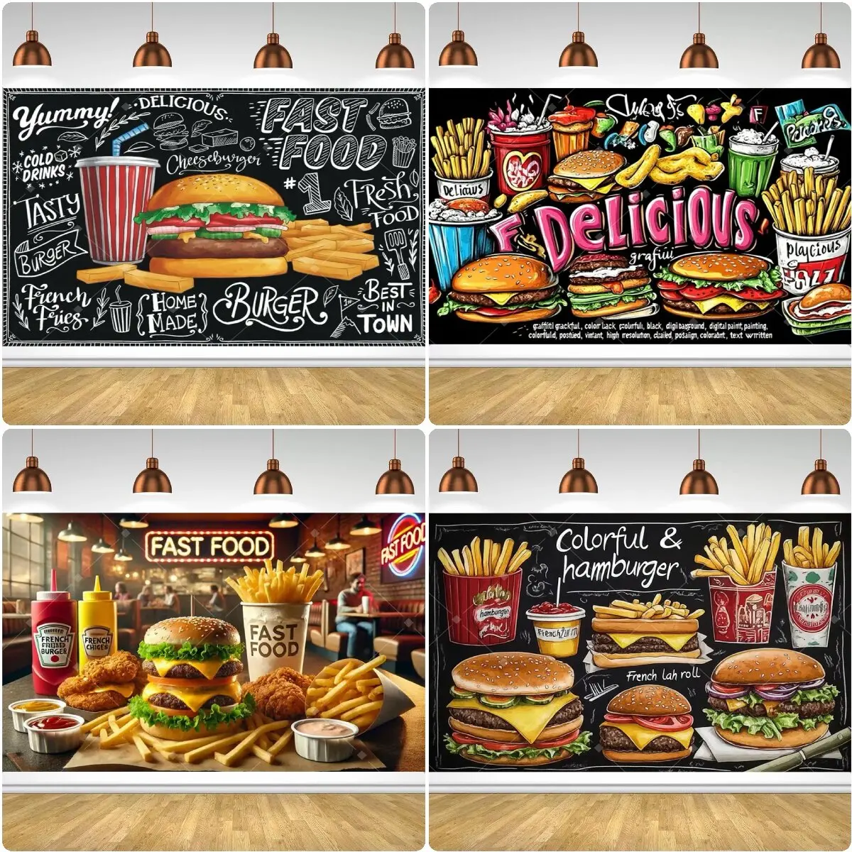 Toile de fond photo style graffiti pour fast-food, hamburgers et frites, fournitures pour fête d'anniversaire d'enfants, bannière de décoration pour stand de restaurant