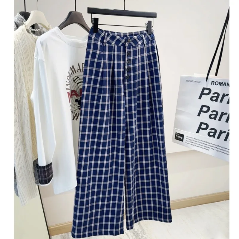 Japanese Plaid Wide Leg Pants Women Spring Autumn Straight Trouser Pocket Button Fashion Loose Casual Pants Lazy Y2k Clothes