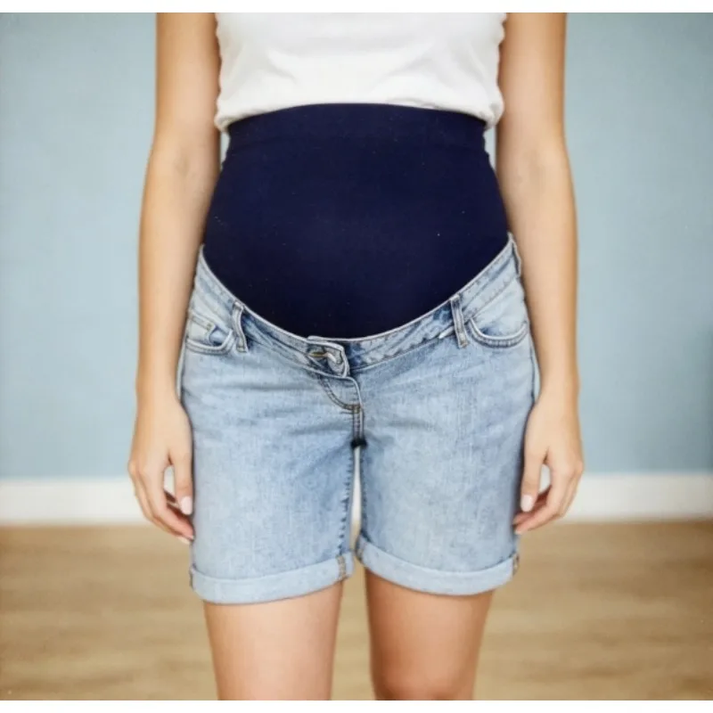

Maternity 5 Inch Denim Shorts High Waist Full Belly Support Rolled Hem Side Pockets for Summer