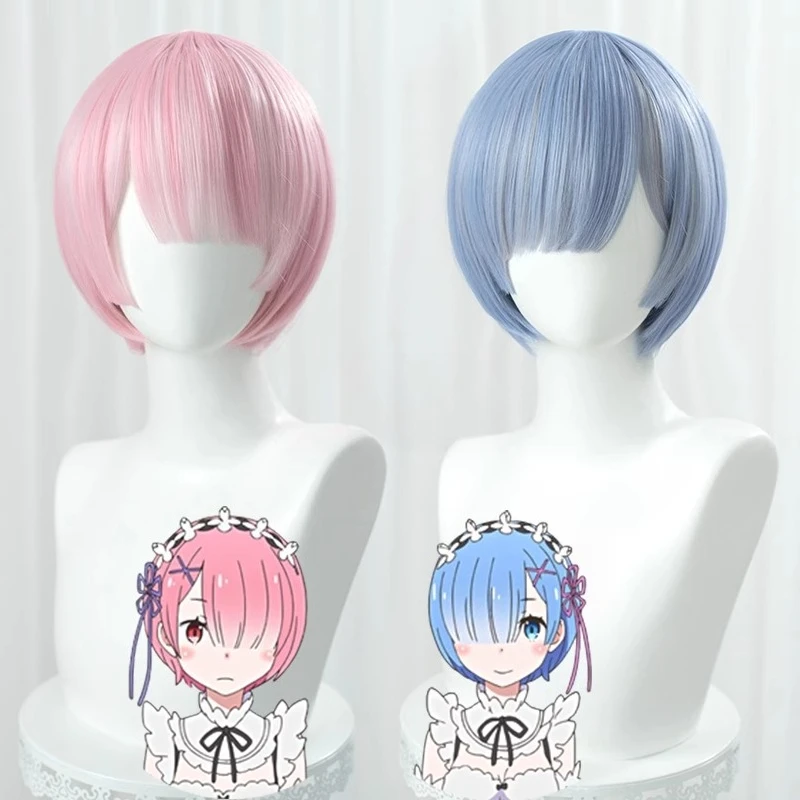 レム・ラム-コスプレウィッグ-ショートストレートウィッグ-30cm-ネイビーブルー-レディースブルーピンク-ストレートショートヘアスタイル-パーティーデコレーションコンイベント用