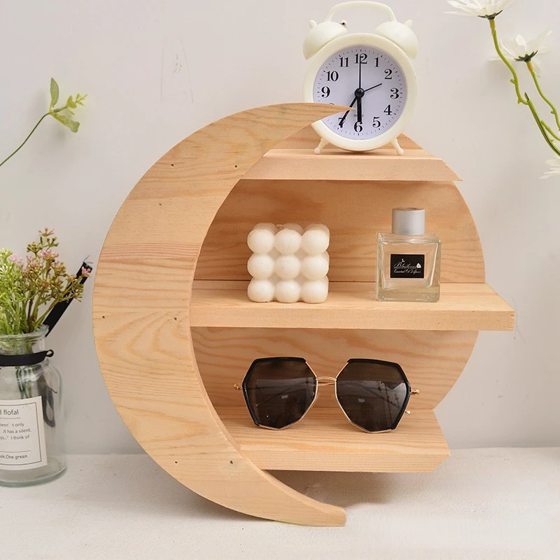 Moon wall hanging shelf, wooden corner storage, natural wood color bookshelf, home decoration wall corner shelf