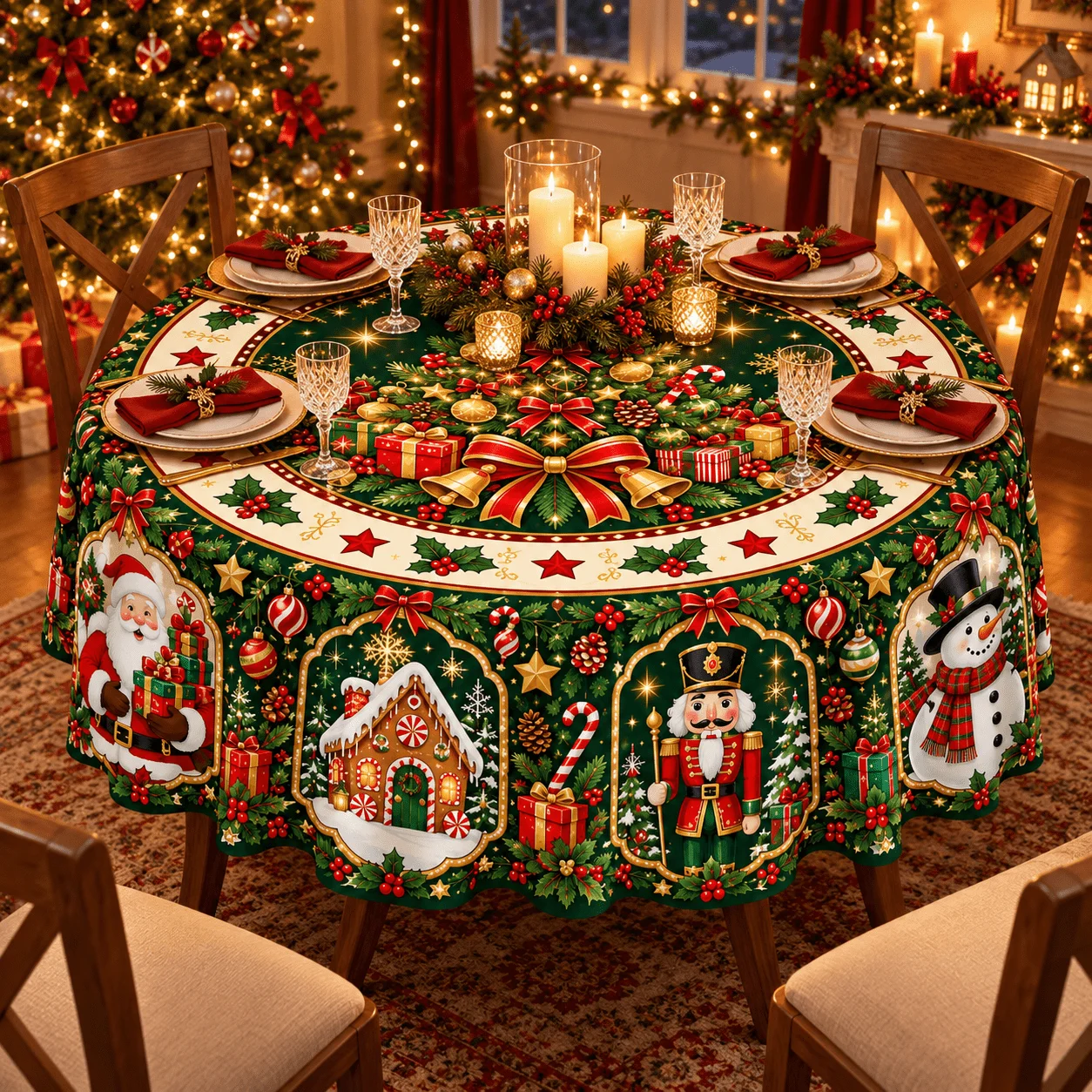 1-Piece Christmas Round Tablecloth, Vintage Christmas Table Cover with Santa, Snowman, Gingerbread House and Christmas Tree