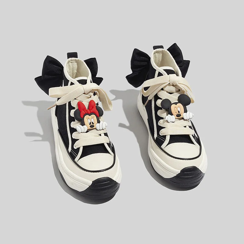 Anime Mickey Minnie scarpe di tela alte da donna moda nuova suola morbida scarpe Casual nero grande fiocco scarpe da donna versatili regali