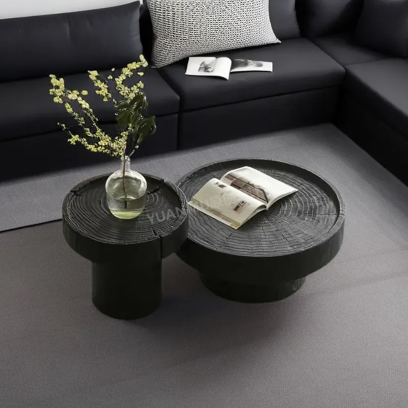 Wabi Style Carbonized Black Solid Wood Round Coffee Table Natural Stump Log Carving Designer Sofa Side Table for Living Room