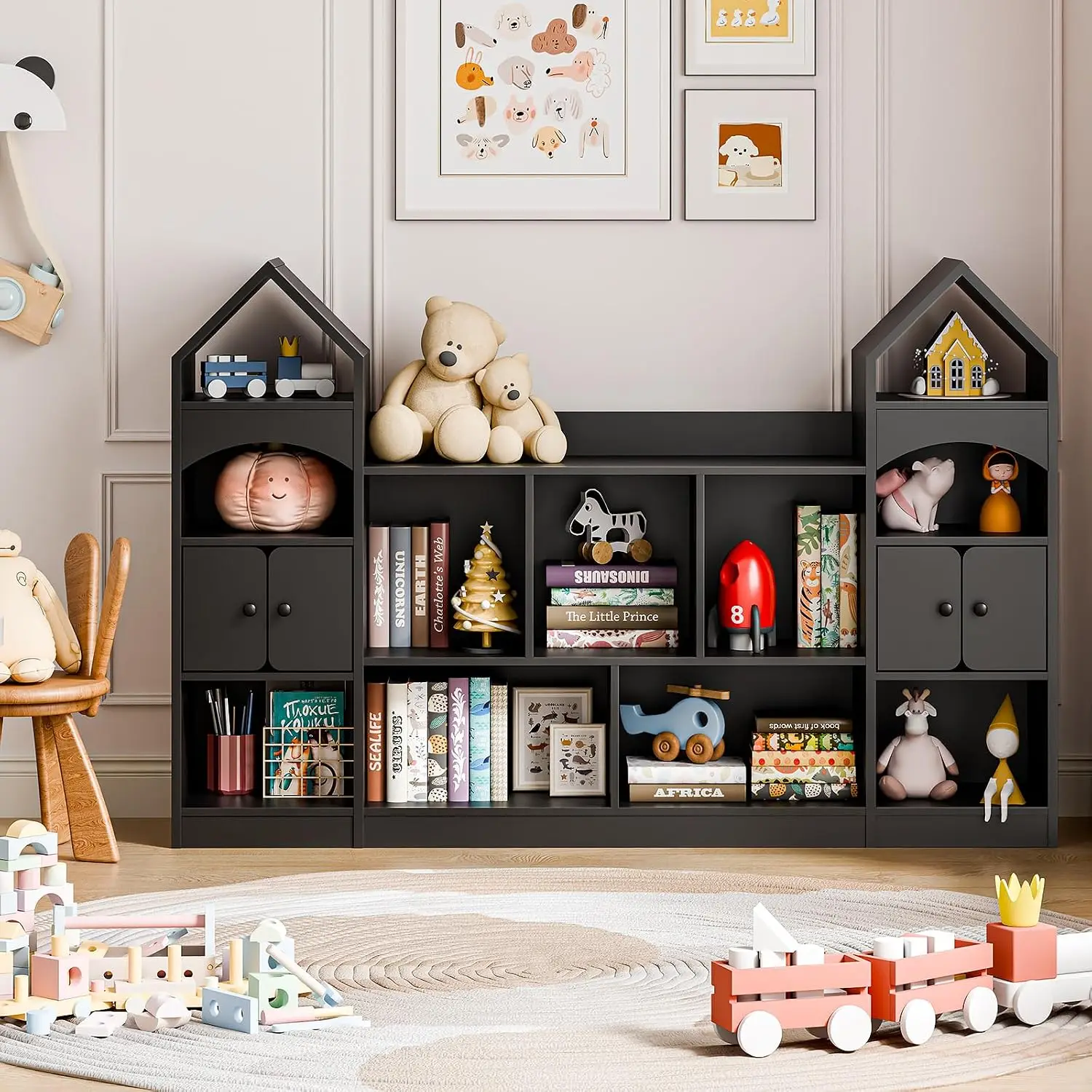 Castle Shape Kids Bookshelf & Toy Storage Organizer, Multifunctional Display Cabinet for Playroom & Bedroom, Black, Customized