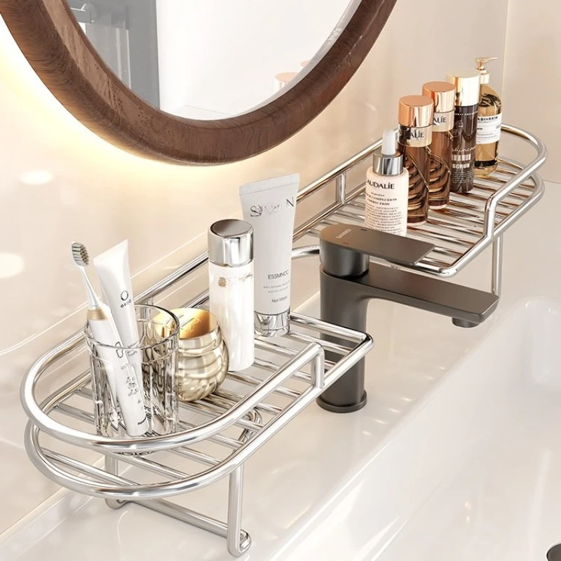 Extra Large Premium Sturdy Stainless Steel Foldable Faucet Mount Organizer, Bathroom Sink Countertop Storage Rack for Toiletries