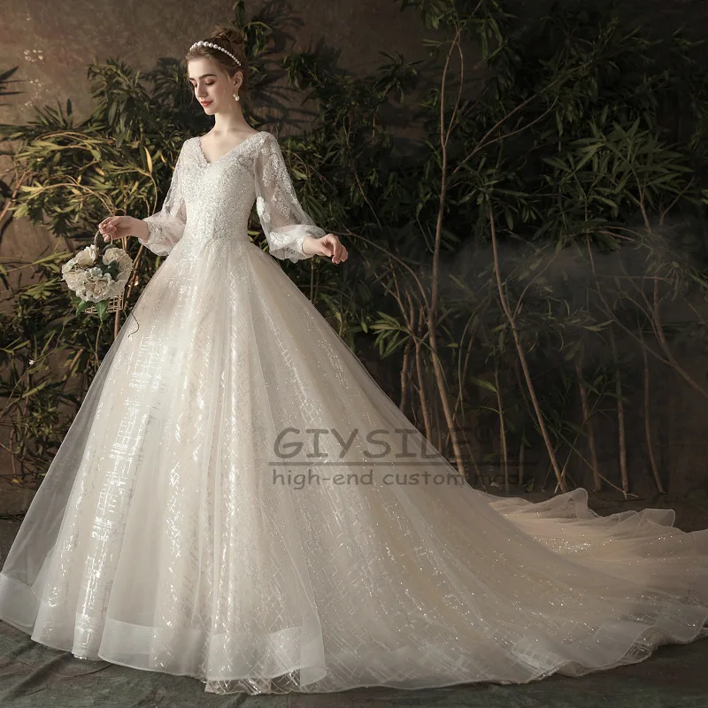 GIYSILE Aangepaste Bruids Belangrijkste Trouwjurken Luxe 2025, Nieuwe Staart Kant Lange Mouw V-hals Grote Maat Trouwjurk Vestidos