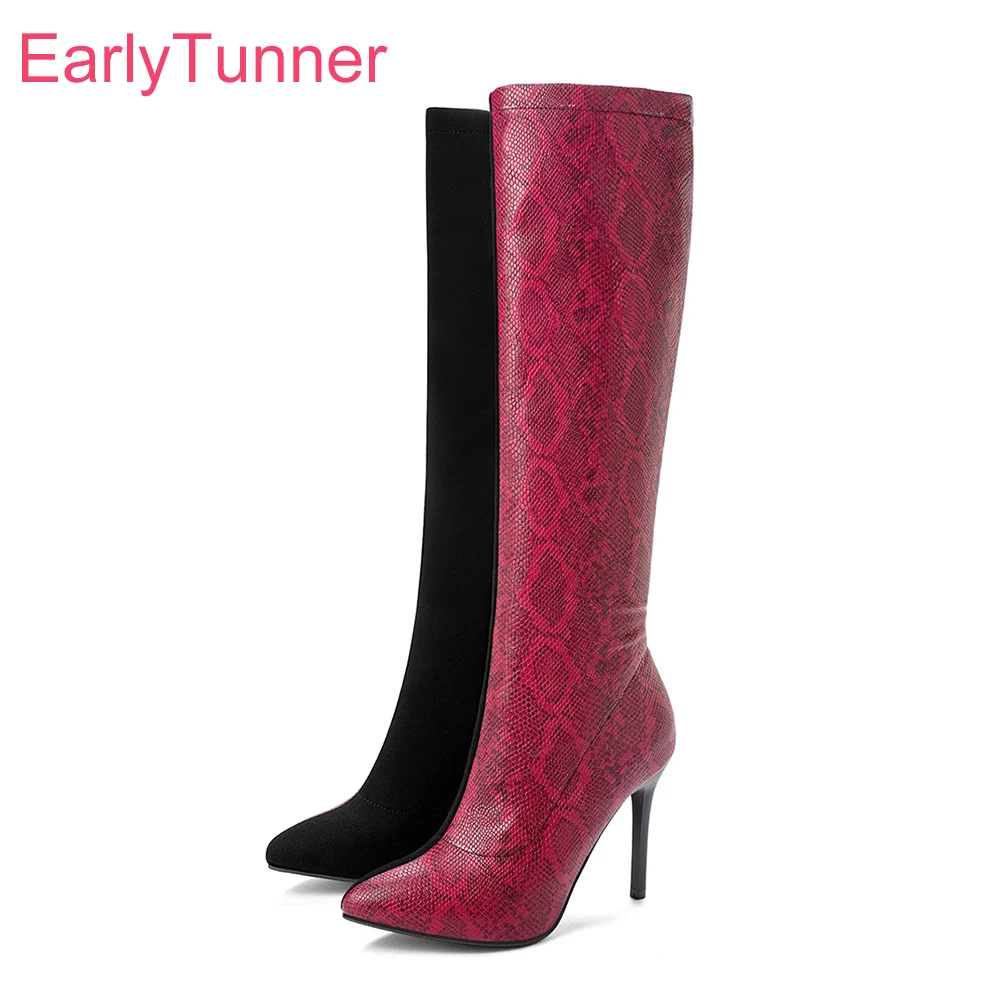 

Winter Brand New Sexy Black Red Women Knee High Boots 4 inch High Heels Lady Party Shoes ES753 Plus Big Size 10 43 46 48