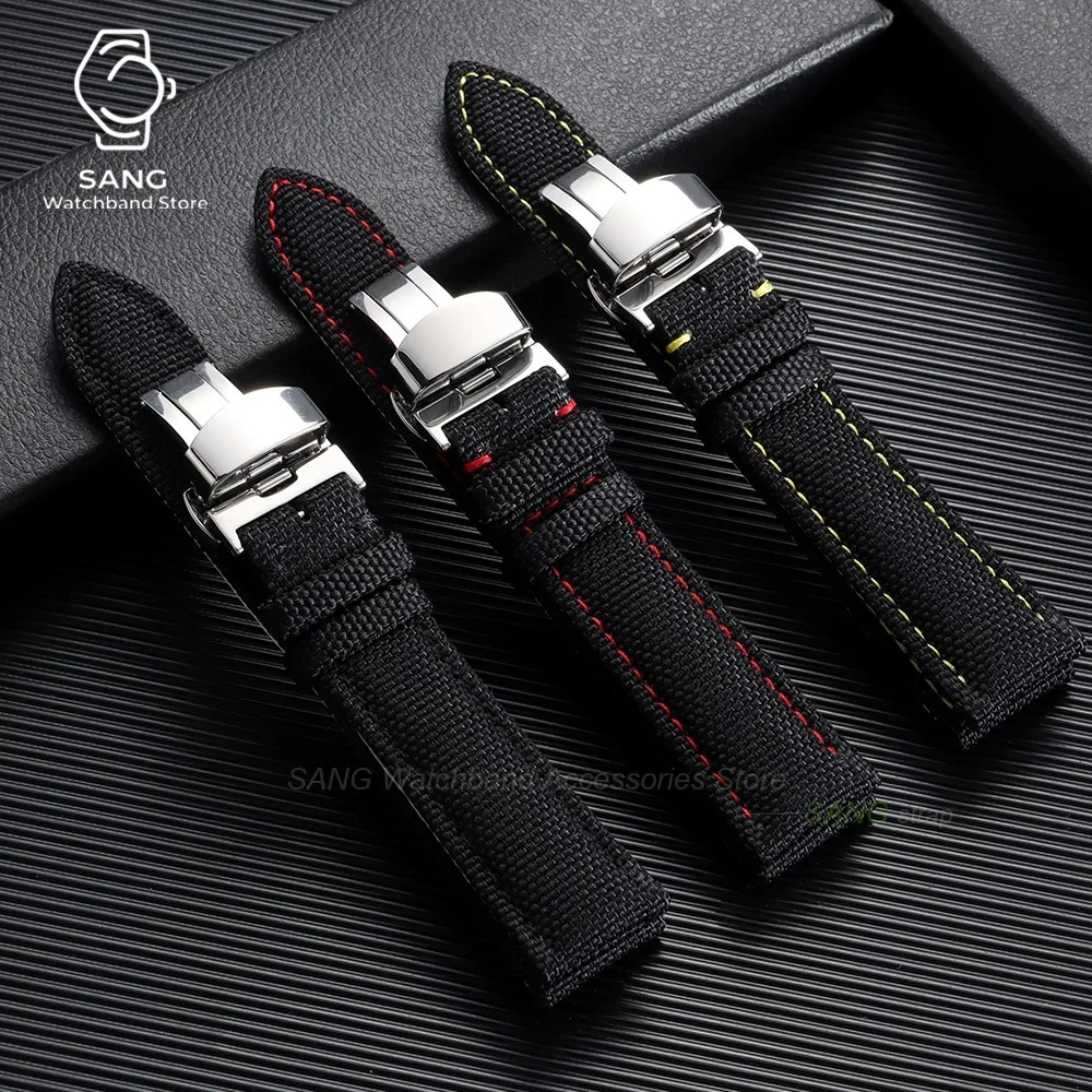 20/22mm Universal Watchbands Butterfly Clasp for Seiko for Omega for Omega Sailcloth Leather Strap Green Blue Black Red Bracelet view 4