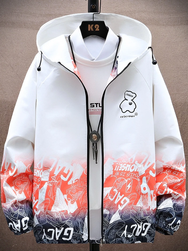 

Мужская демисезонная куртка свободного кроя в корейском стиле, молодежная, из полиэстера, с длинными рукавами, на молнии, с капюшоном