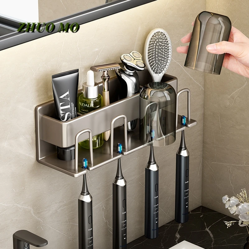 

Wall Mounted Aluminum Alloy Toothbrush Holder, Toothpaste Rack, Household Cup Holder, No Punching, Bathroom Accessories