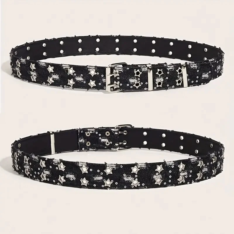 1PC Neue Mode Luxus Gürtel Schwarz Punk Zubehör Blau Denim Gürtel HipHop Y2k Stern Höhlte Pin Schnalle Bund, für Männer Frauen – Detail 7