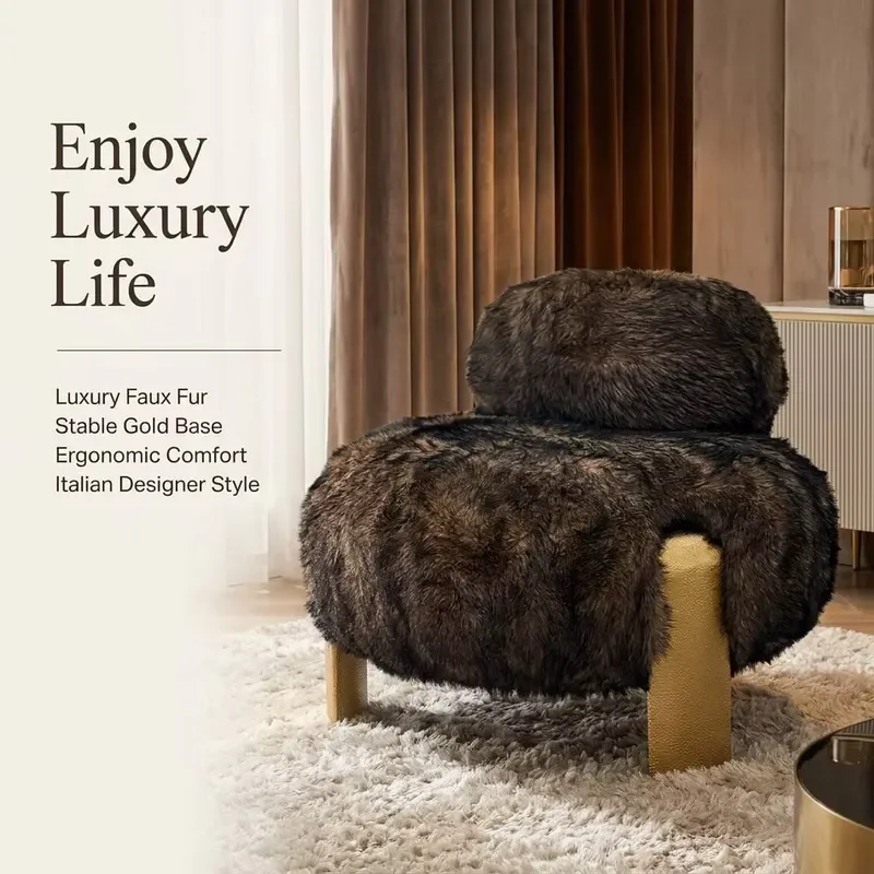Brass Faux Fur Modern Italian Designer Handmade Fluffy Soft Lounge Accent Chair for Living Room & Home Office