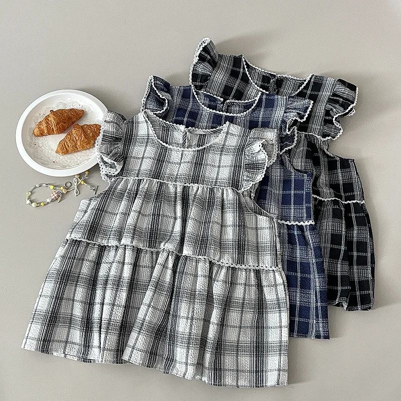 

New Korean Sweet Lace Round Neck Checkered Shirt Women Loose Design Slimming Flying Sleeve Doll Blouse Top