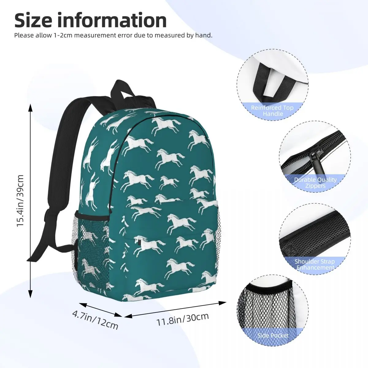 White Horses On Teal Backpacks Teenager Bookbag Cartoon Children School Bags Travel Rucksack Shoulder Bag Large Capacity