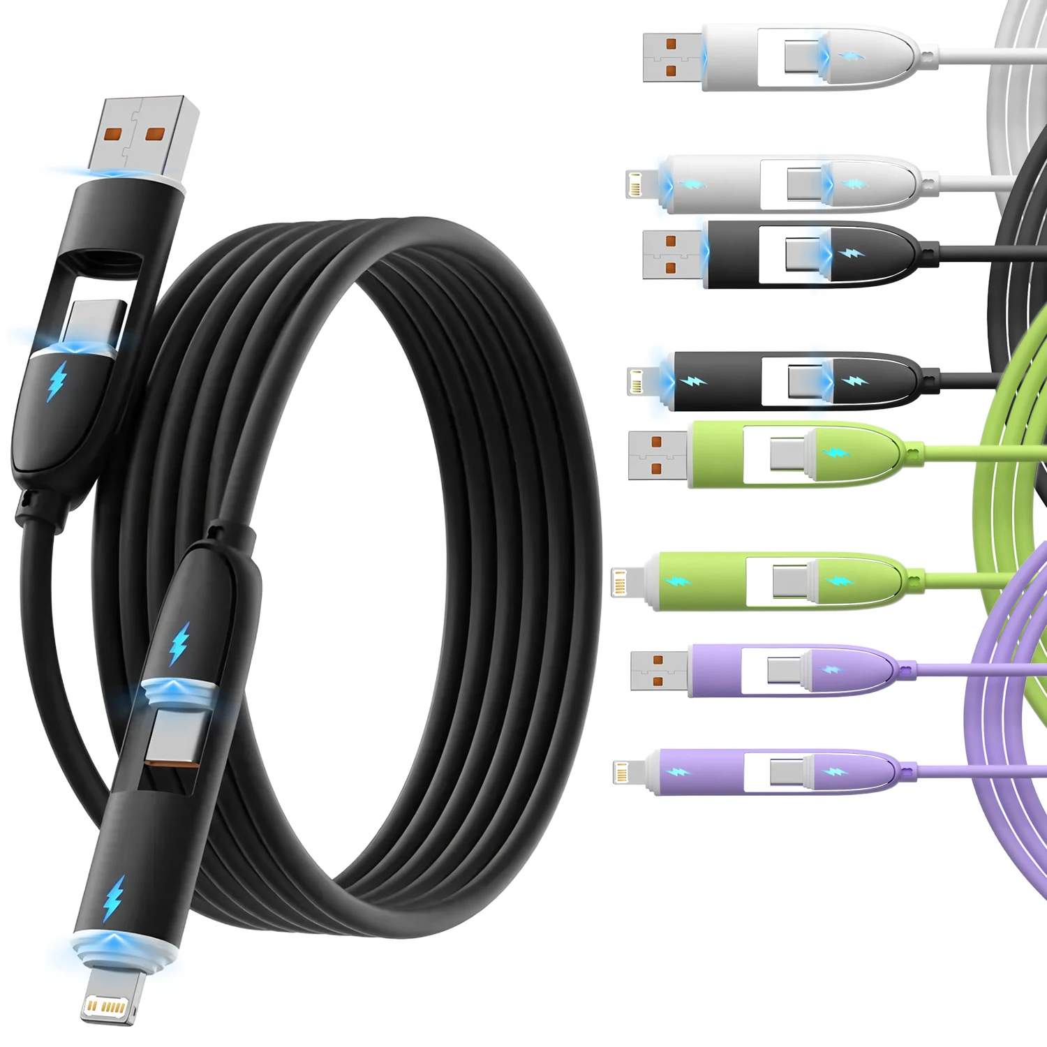 240W Fast Charging 4 in 1 PD Data Cable Liquid Silicone Flash Charger Cord Charging Wire For iPhone  Xiaomi Samsung Android Phon