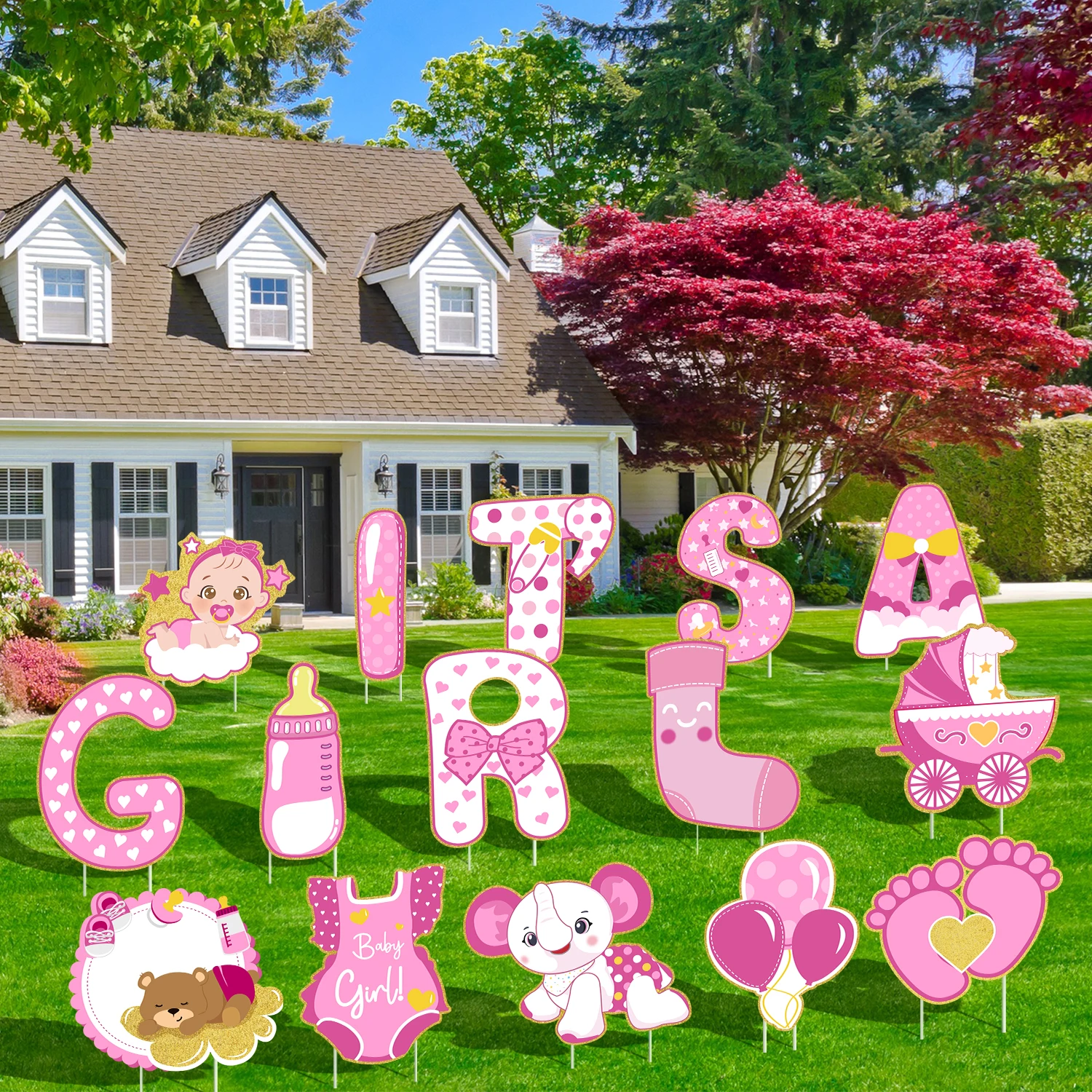 OurWarm Its A Girl Yard Sign with Stakes Baby Shower Girl Pink Elephant for Garden Lawn Party Decoration Welcome Home Yard Decor