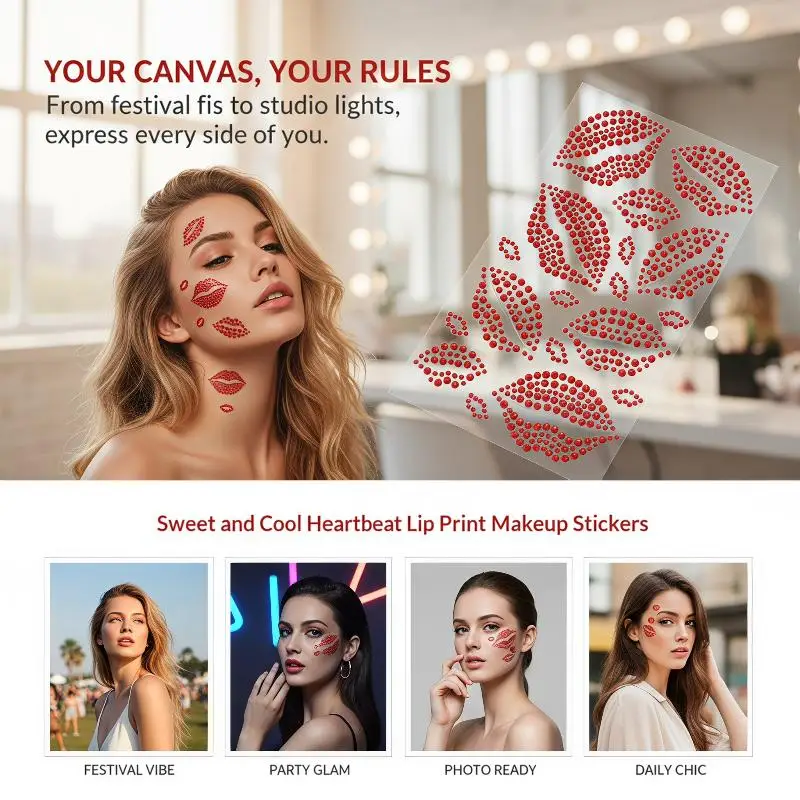 1 Sheet Sexy Realistic Lip Body Jewelry Sticker Kiss Red Lips Face Rhinestones Valentine's Day Gem Temporary Tattoo Stickers