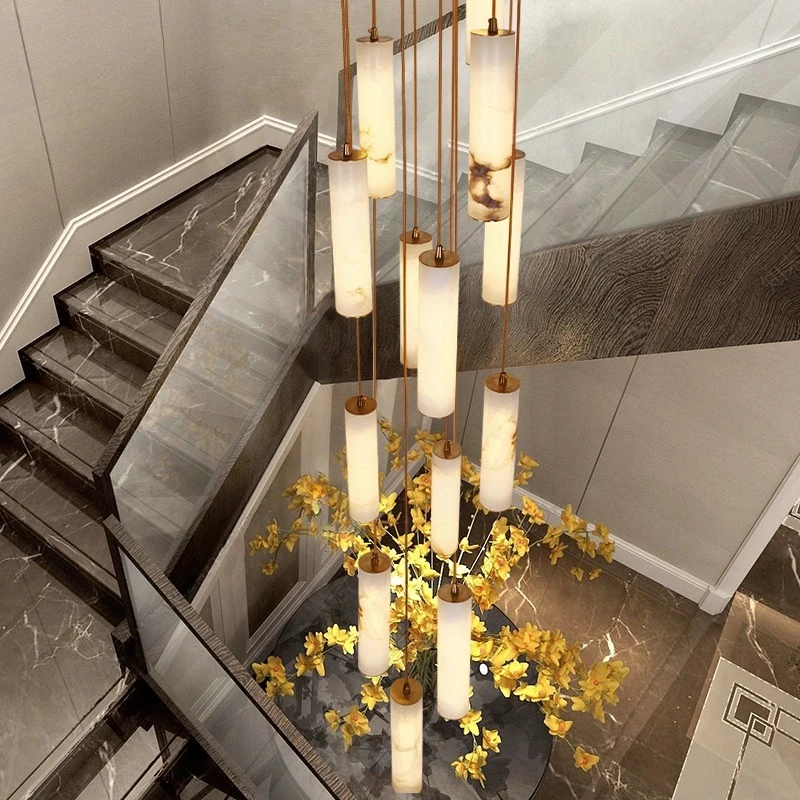 New Chinese style staircase pendant light, marble duplex villa, jumping floor, hollow floor, lobby, long line pendant light