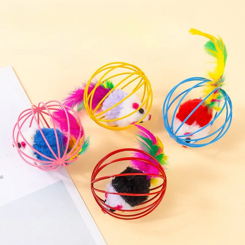 Cage rat happy cat toy plush simulation color mouse fun cat ball Feather Mice In Cage Cat Toy Pet Supplies 