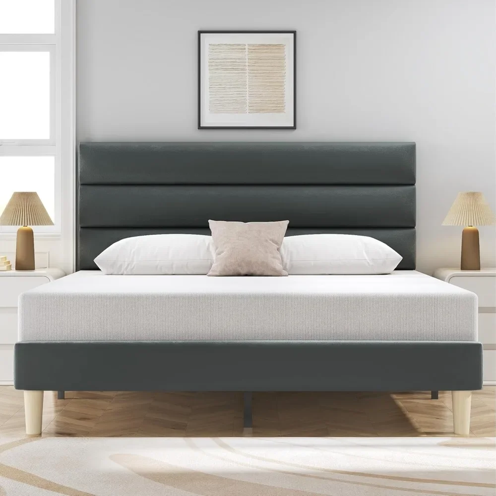 

Queen Size Bed Frame, Velvet Padded Headboard, Metal Support, Easy To Assemble, Storage Space, No Spring Box Required