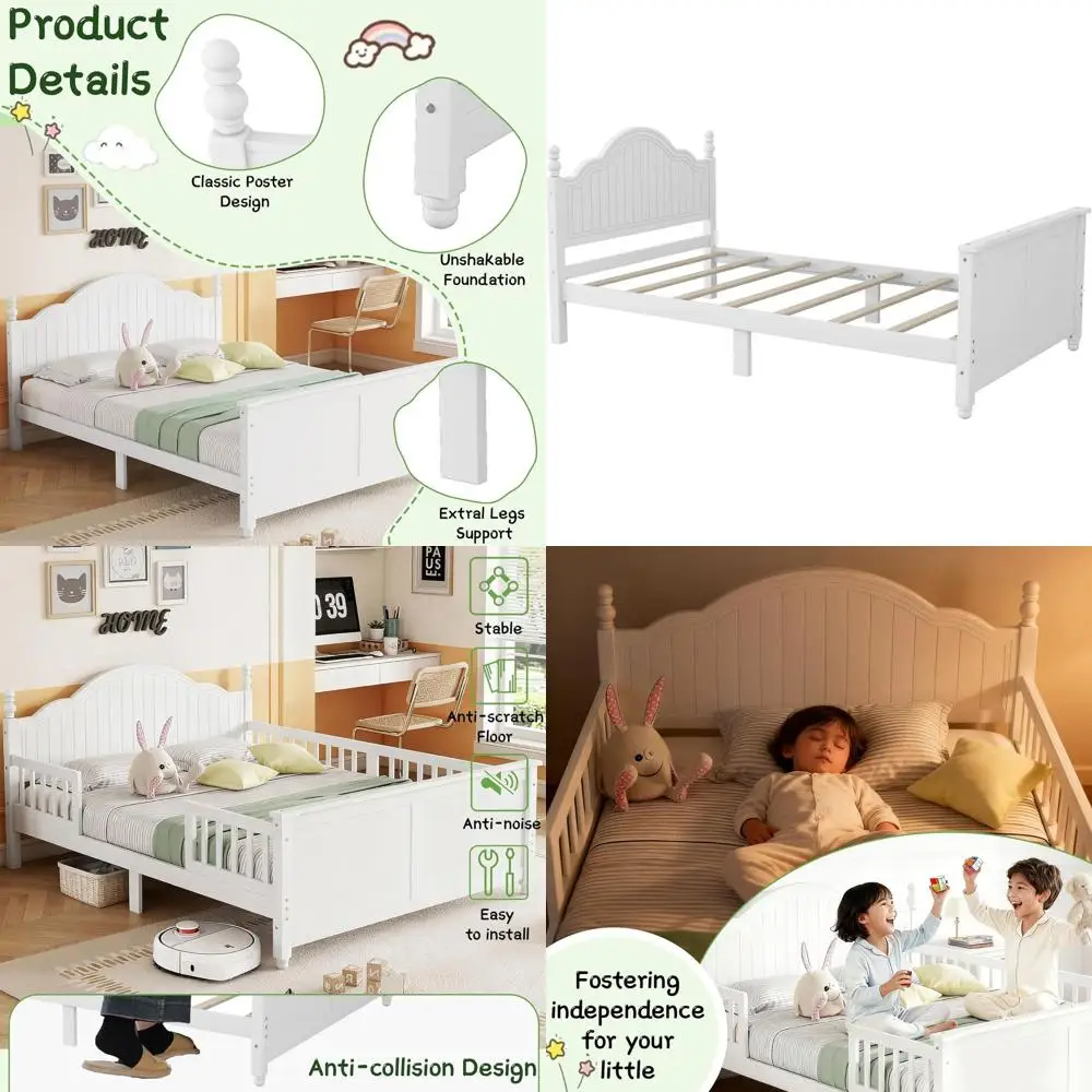 

White Twin Size Bed for Kids with Detachable Rails, Low Platform Design, Suitable for Boys and Girls, No Box Spring Needed