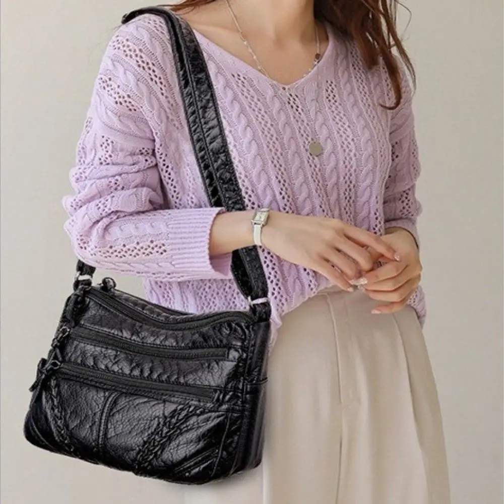 

Fashion Soft Leather Women Shoulder Bags Large-capacity Multi-Layer Messenger Bag Solid Color Vintage Lady Handbag Gift