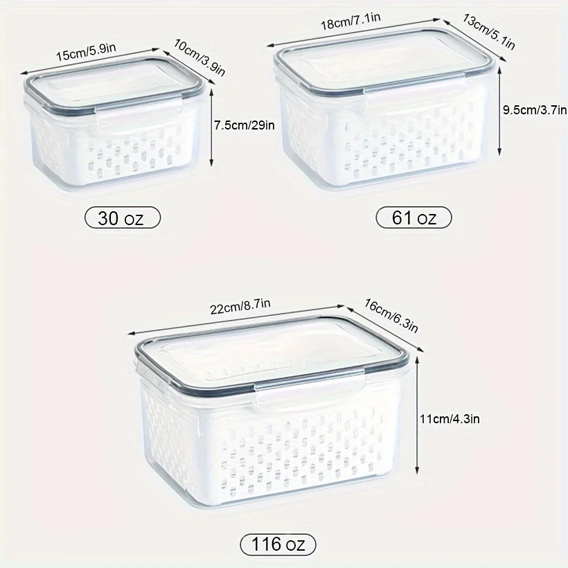 3pcs/set Refrigerator Storage Bins, Fridge Food Storage Container With Lid, Stackable Container With Detachable Drain Basket