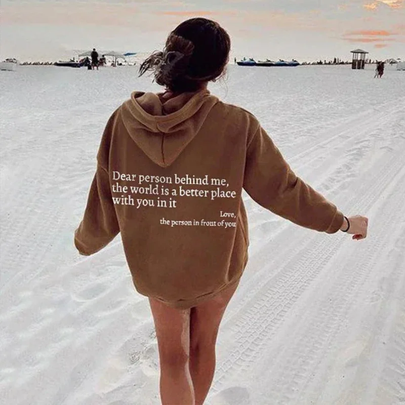 Autumn Pullover Hooded Women Young Lady Printed Letter Dear Person Behind Me Hoodie Oversize Aesthetic Hoody Sweatshirt Tops