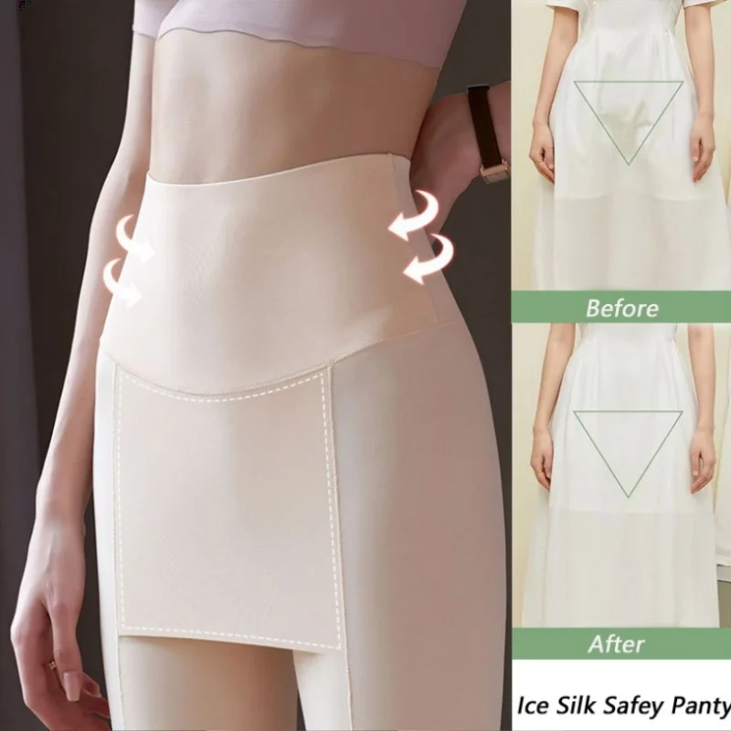 Summer Ice Silk High Waist Women Tummy Control Seamless Shorts Double Layer Under the Skirt Boxer Safety Pants Women Shapewear