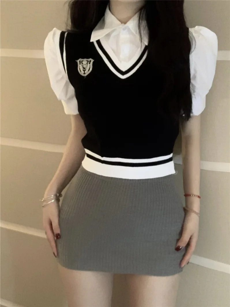 Chic Preppy Sle Gestrickte Ne ort irt Weste Gefälschte Zwei-Stück Frauen Faion Herbst Exklusive Kleine Top Koreanische Version...