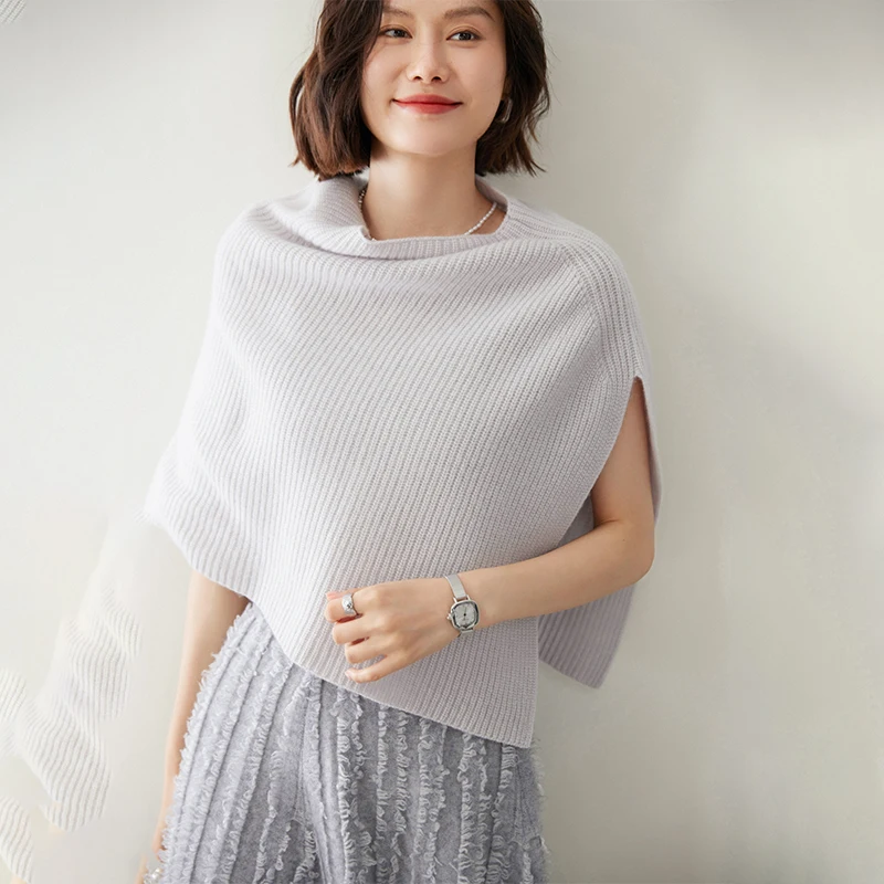 2024 New Women 100% Cashmere Short Poncho O-neck Shawl Wraps Thick Ribs Knitted Accessories Cape Soft Scarf Neck Warmer Cappa