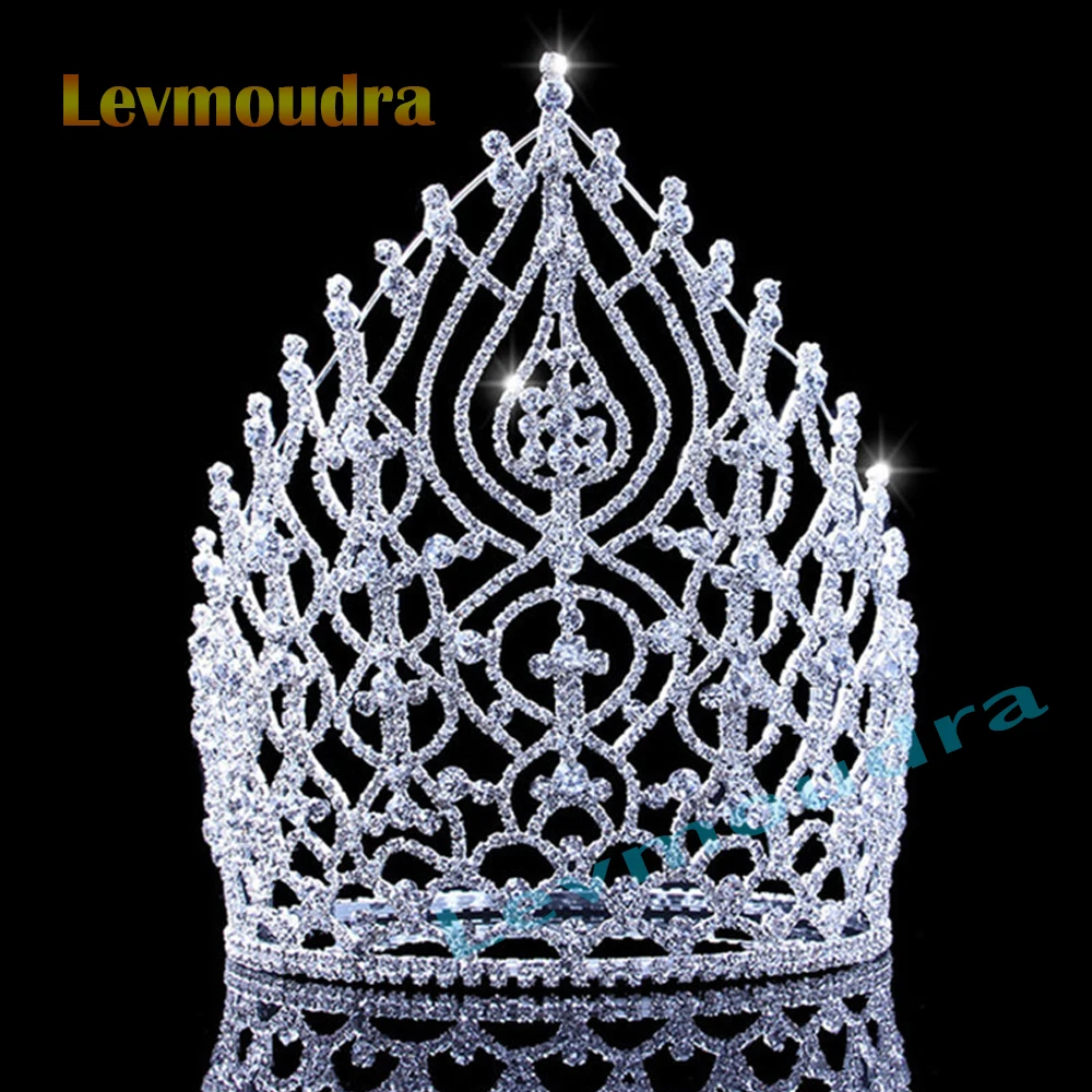 Levmoudra Tall Big Rhinestone Wedding Crown Hair Accessories Women Luxury Korea Bride Diadem Headdress Headband Party Headwear