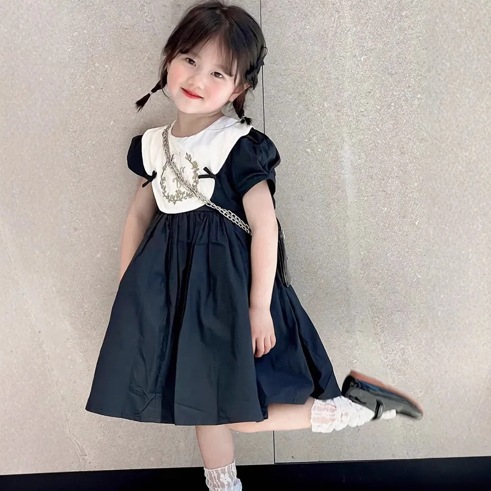 Girls Casual Dresses Flower Embroidered Lapel Bubble Bag Short-sleeved Dress Kids Dresses for Girls 2 To 7 Years