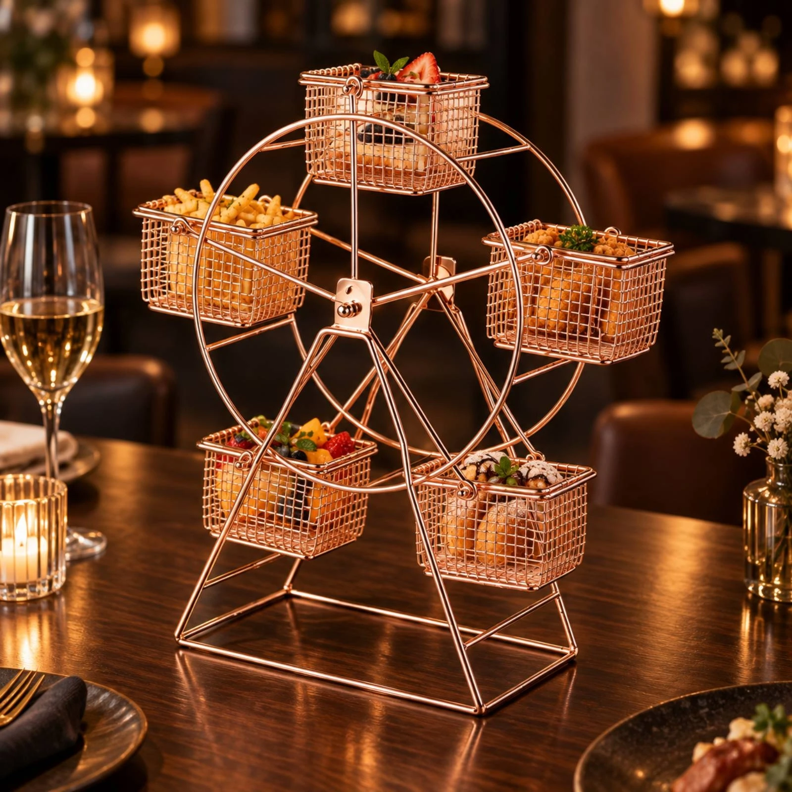 Five Basket Ferris Wheel Serving Stand Open Wire Construction Snack Carousel for Dessert Table
