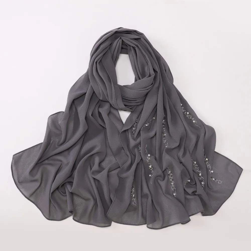Rhinestone Imitation Pearl Chiffon Hijab Breathable Shimmer Beads Malaysia Shawl Scarf Lightweight Elegant Soft Head Wrap Women