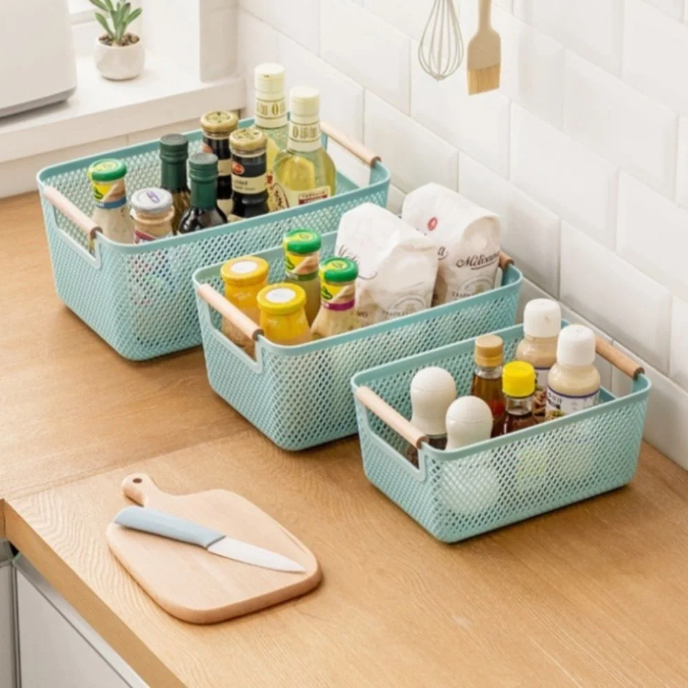 

Plastic Hollow Storage Basket Wood Handle Rectangle Sundry Storage Basket Multi Functional Large Capacity Woven Mesh Basket
