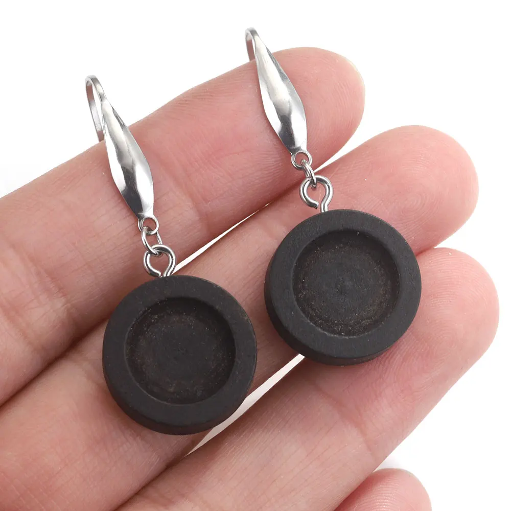 10pcs Wood Tray Bezel Cabochon Earring Hook Blank Setting Round Pendant Ear Base Findings For DIY Glass Cameo Jewelry Making
