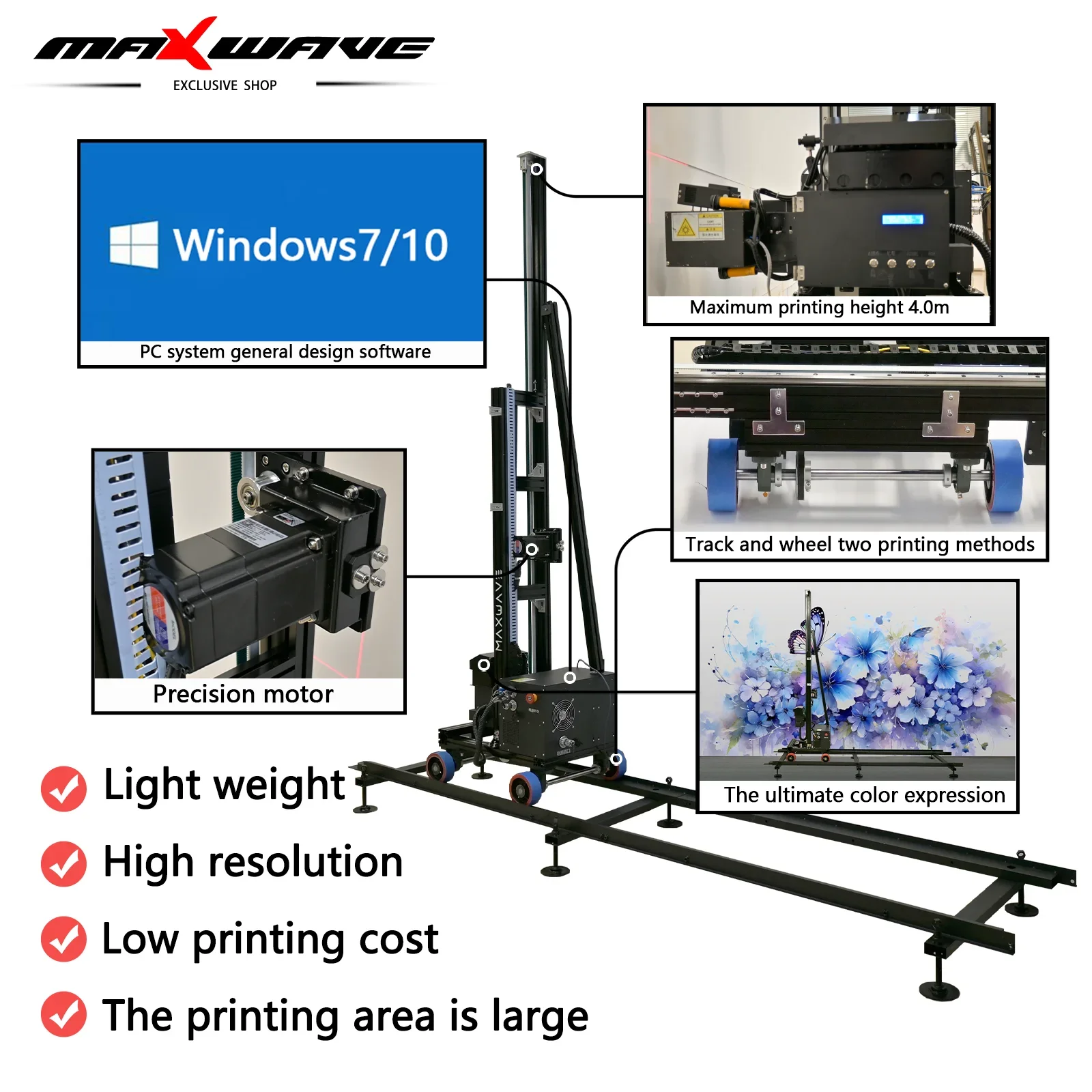 Stampante per pavimenti e pareti Maxwave 2 in 1 macchina da stampa portatile per decorazioni murali CMYKW stampa murale per sfondo a getto