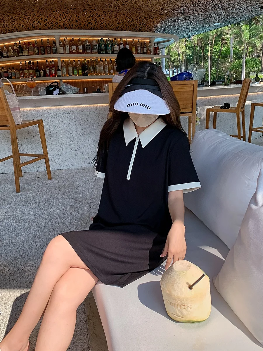 Maixi Sukienka Midi Plus Size Damska z Kołnierzykiem, Kolorowa, Wyszczuplająca, Letnia, Casualowa, z Wysokim Stanem, Rozkloszowana Spódnica A-Line